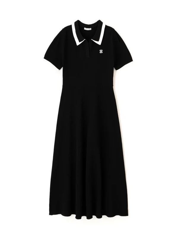 美式復古撞色POLO領短袖連身裙(BLACK / FR)