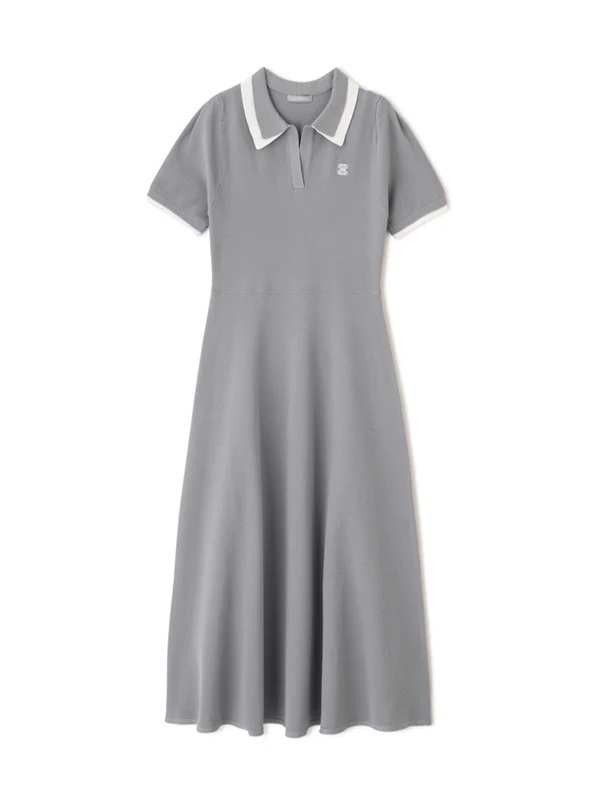 美式復古撞色POLO領短袖連身裙(GREY / FR)