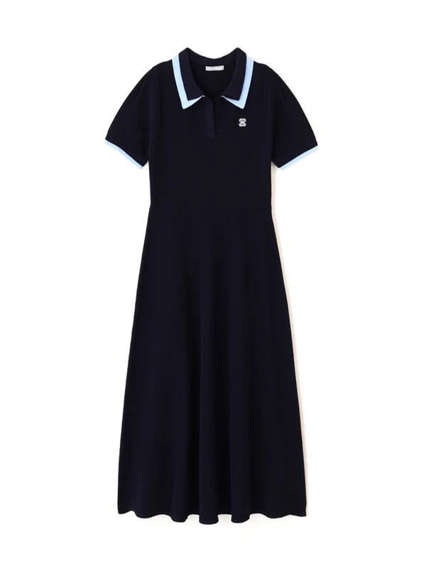 美式復古撞色POLO領短袖連身裙(NAVY / FR)