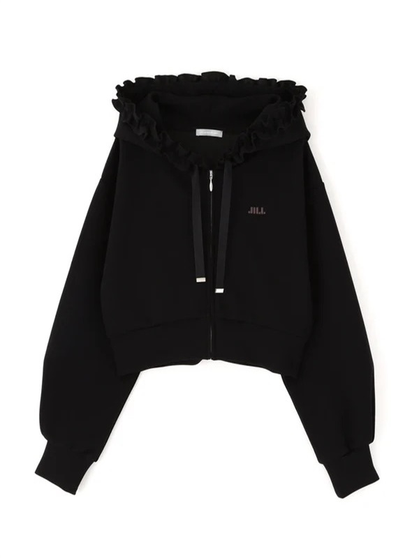 太空棉短版荷葉邊連帽外套(BLACK / FR)