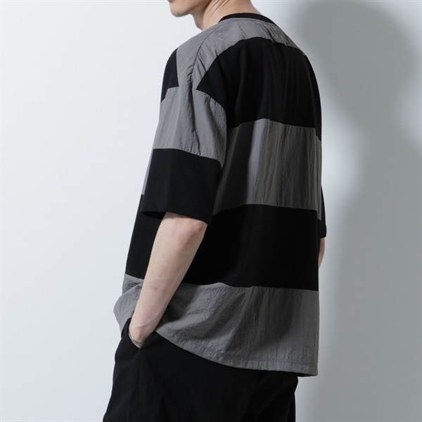 異素材拼接條紋短袖T恤(Black/L)