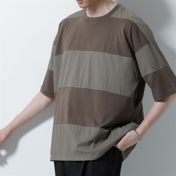 異素材拼接條紋短袖T恤(Khaki/L)