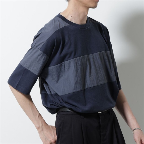 異素材拼接條紋短袖T恤(Navy/M)