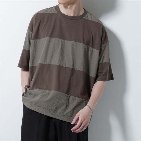 異素材拼接條紋短袖T恤(Khaki/M)