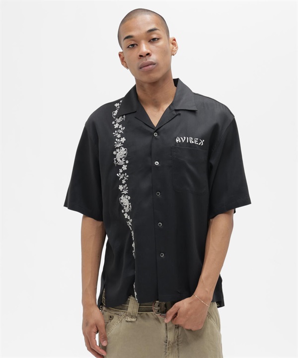 龍與櫻花刺繡短袖襯衫(BLACK / L)