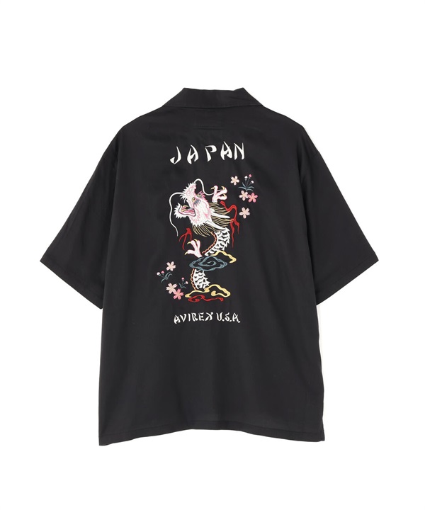 龍與櫻花刺繡短袖襯衫(BLACK / XL)