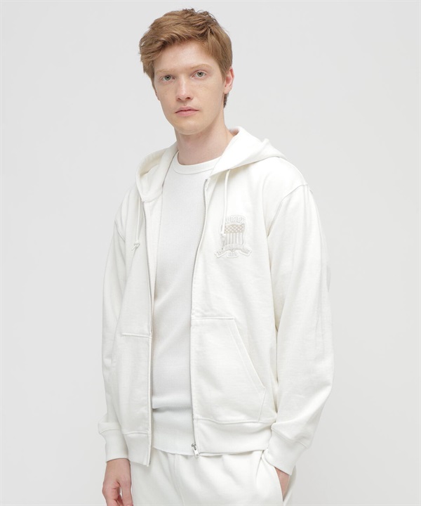 經典美式校隊風拉鍊連帽外套(OFF WHITE / XL)